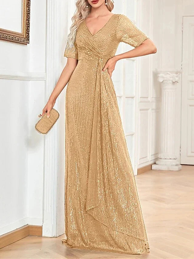 A-Line Princess V-Neck Short Sleeves Floor-Length Party Cocktail Dress with Sequin