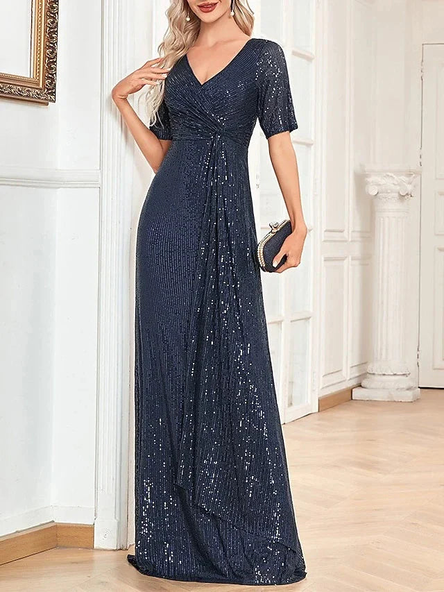 A-Line Princess V-Neck Short Sleeves Floor-Length Party Cocktail Dress with Sequin