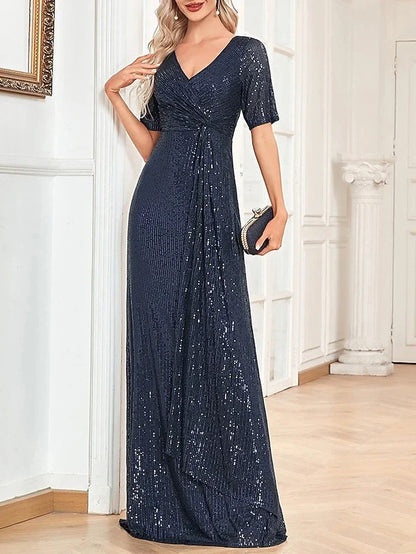 A-Line Princess V-Neck Short Sleeves Floor-Length Party Cocktail Dress with Sequin