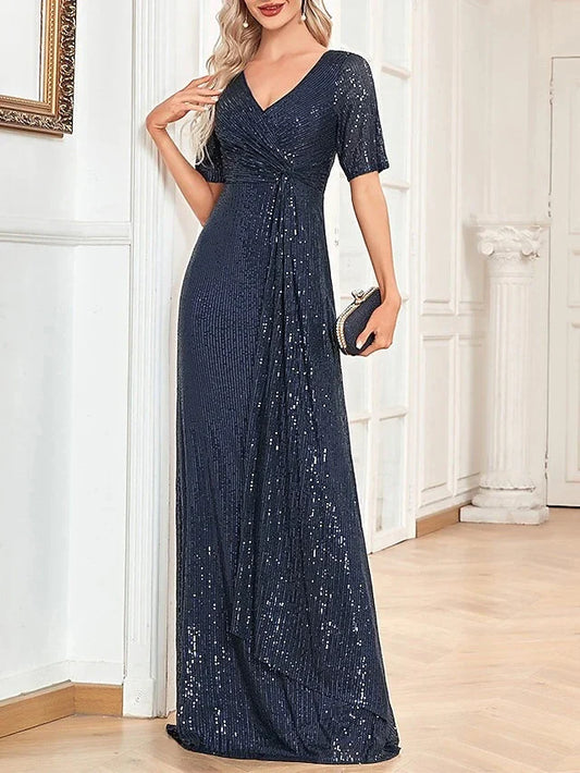 A-Line Princess V-Neck Short Sleeves Floor-Length Party Cocktail Dress with Sequin