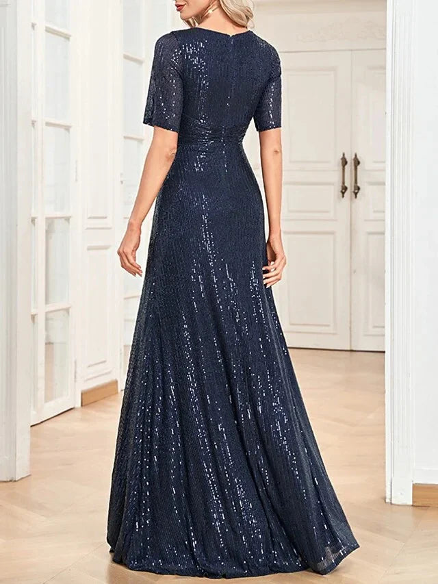 A-Line Princess V-Neck Short Sleeves Floor-Length Party Cocktail Dress with Sequin