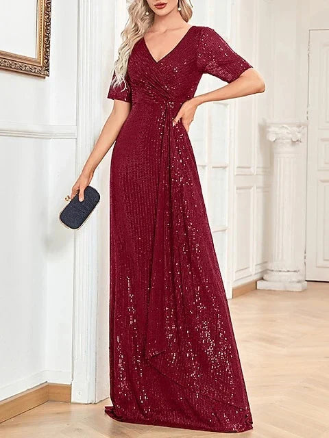 A-Line Princess V-Neck Short Sleeves Floor-Length Party Cocktail Dress with Sequin