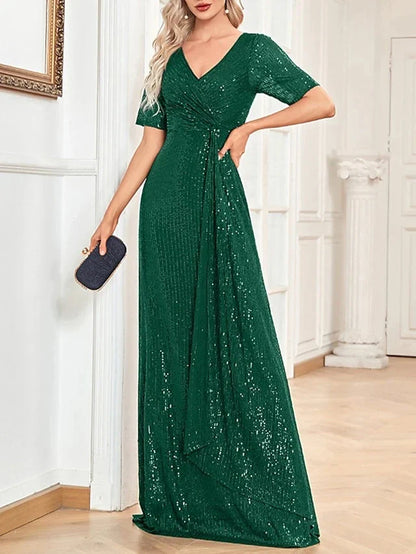 A-Line Princess V-Neck Short Sleeves Floor-Length Party Cocktail Dress with Sequin