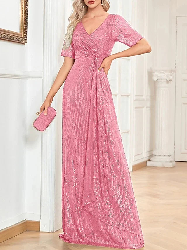 A-Line Princess V-Neck Short Sleeves Floor-Length Party Cocktail Dress with Sequin