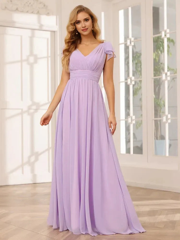 A-Line Princess V-Neck Short Sleeves Long Bridesmaid Dresses with Ruffles