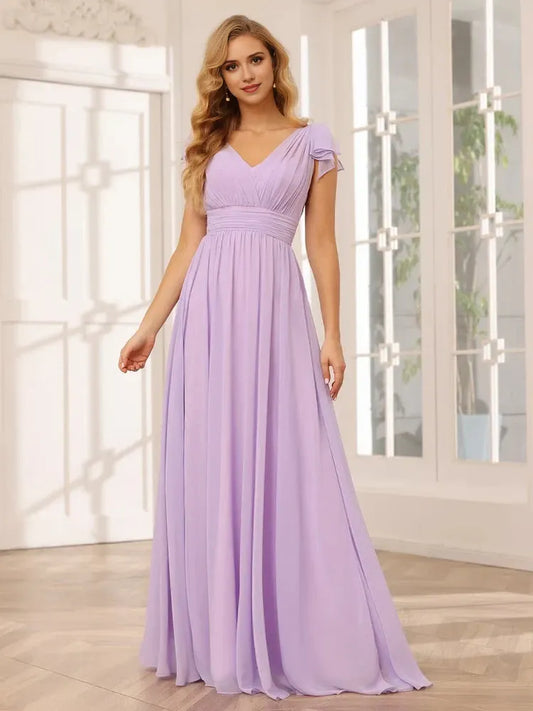 A-Line Princess V-Neck Short Sleeves Long Bridesmaid Dresses with Ruffles