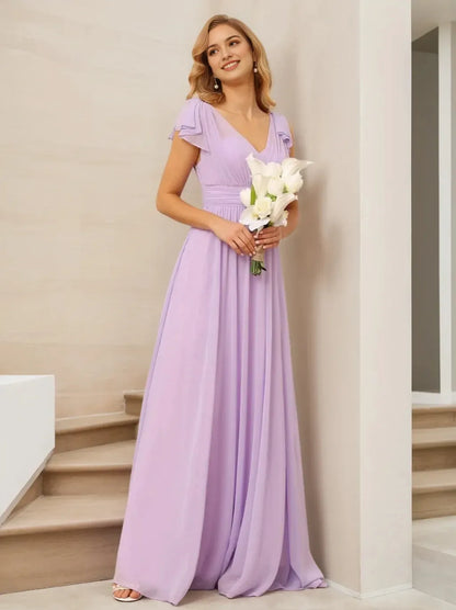 A-Line Princess V-Neck Short Sleeves Long Bridesmaid Dresses with Ruffles