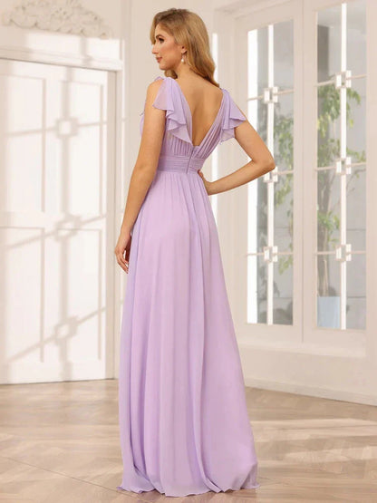 A-Line Princess V-Neck Short Sleeves Long Bridesmaid Dresses with Ruffles