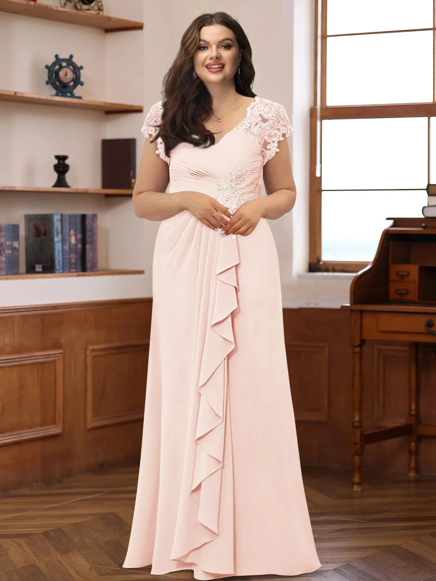 A-Line Princess V-Neck Short Sleeves Pleated Mother of the Bride & Groom Dresses with Ruffles & Appliques