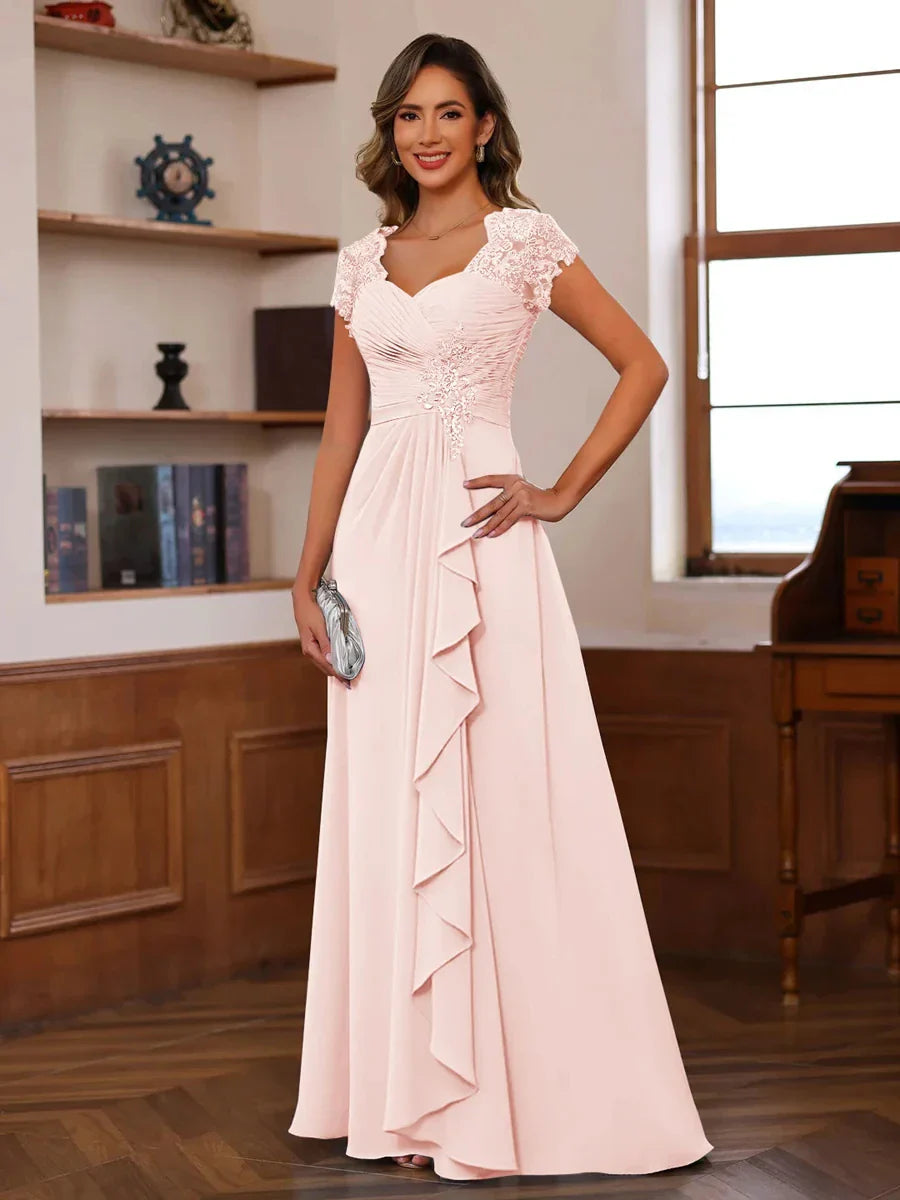 A-Line Princess V-Neck Short Sleeves Pleated Mother of the Bride & Groom Dresses with Ruffles & Appliques