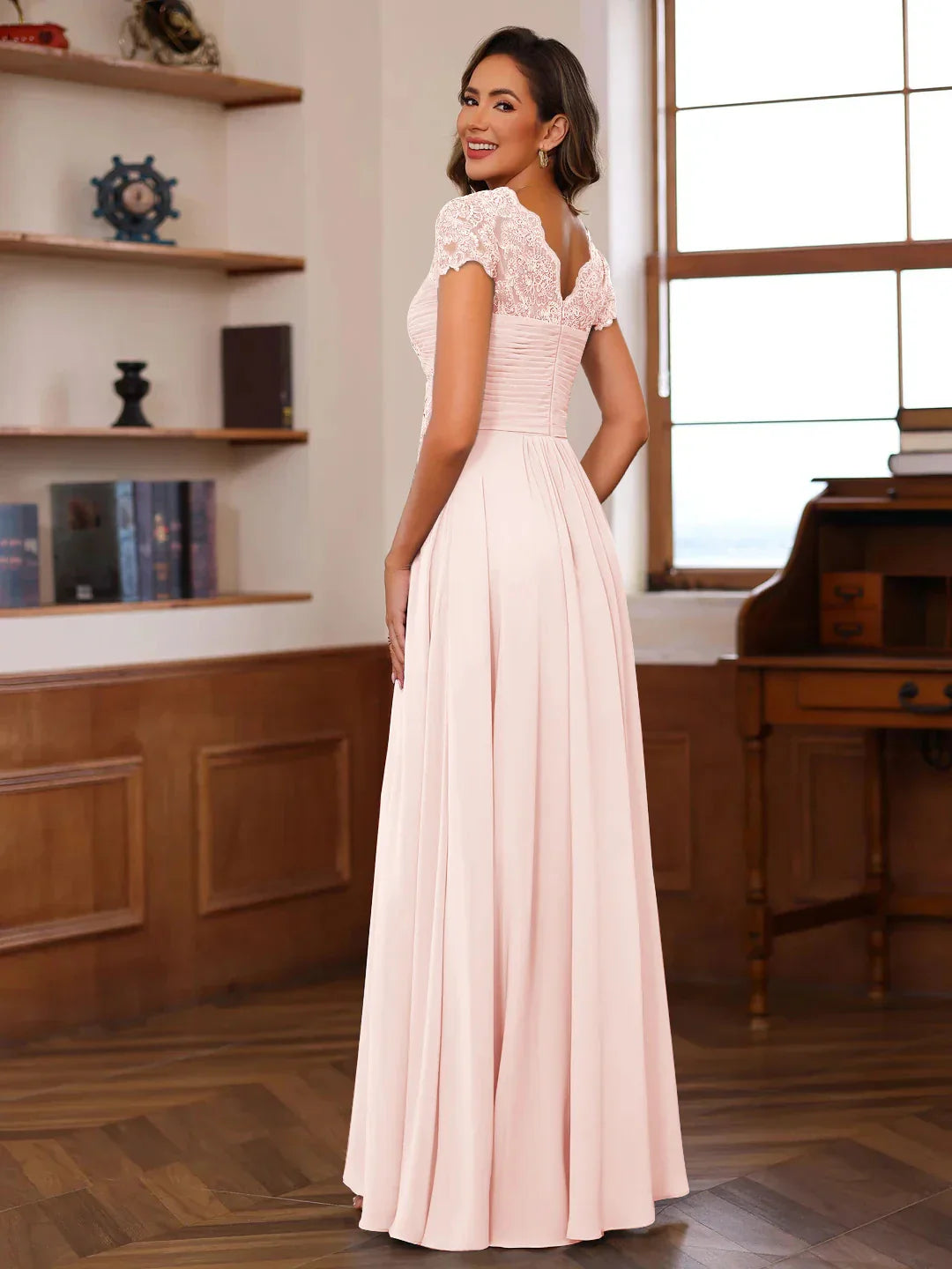 A-Line Princess V-Neck Short Sleeves Pleated Mother of the Bride & Groom Dresses with Ruffles & Appliques