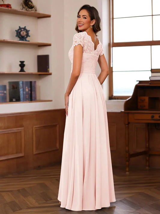 A-Line Princess V-Neck Short Sleeves Pleated Mother of the Bride & Groom Dresses with Ruffles & Appliques