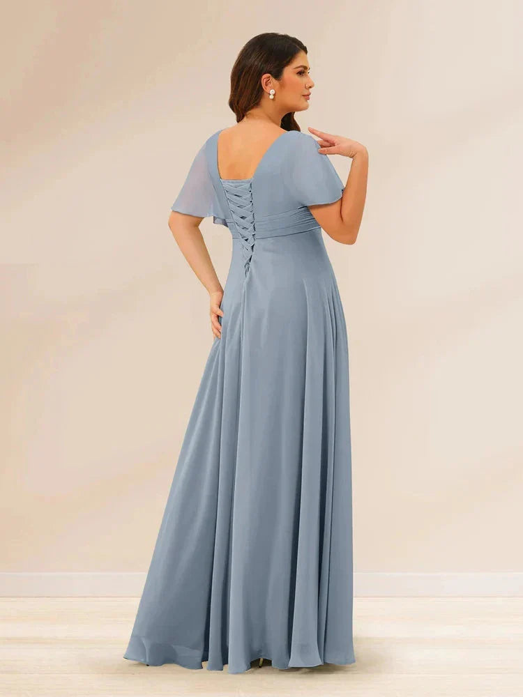 A-Line Princess V-Neck Short Sleeves Plus Size Bridesmaid Dresses with Pockets
