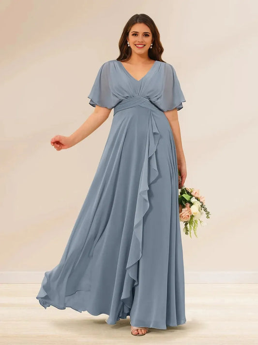A-Line Princess V-Neck Short Sleeves Plus Size Bridesmaid Dresses with Pockets