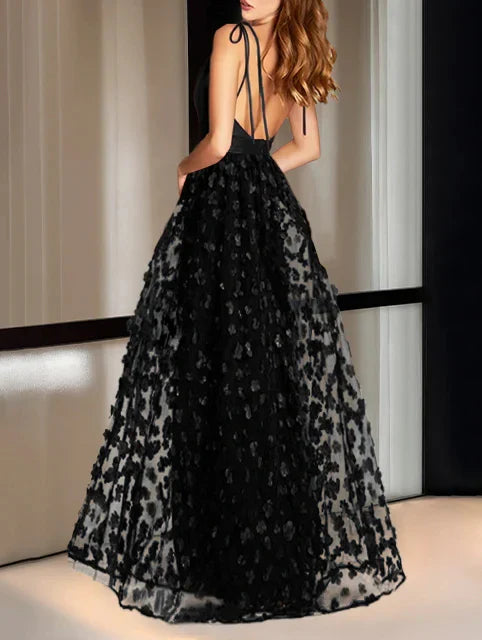 A-Line Princess V-Neck Sleeveless Ankle Length Evening Dresses with Embroidery