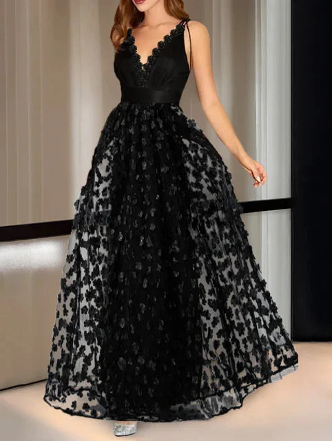 A-Line Princess V-Neck Sleeveless Ankle Length Evening Dresses with Embroidery