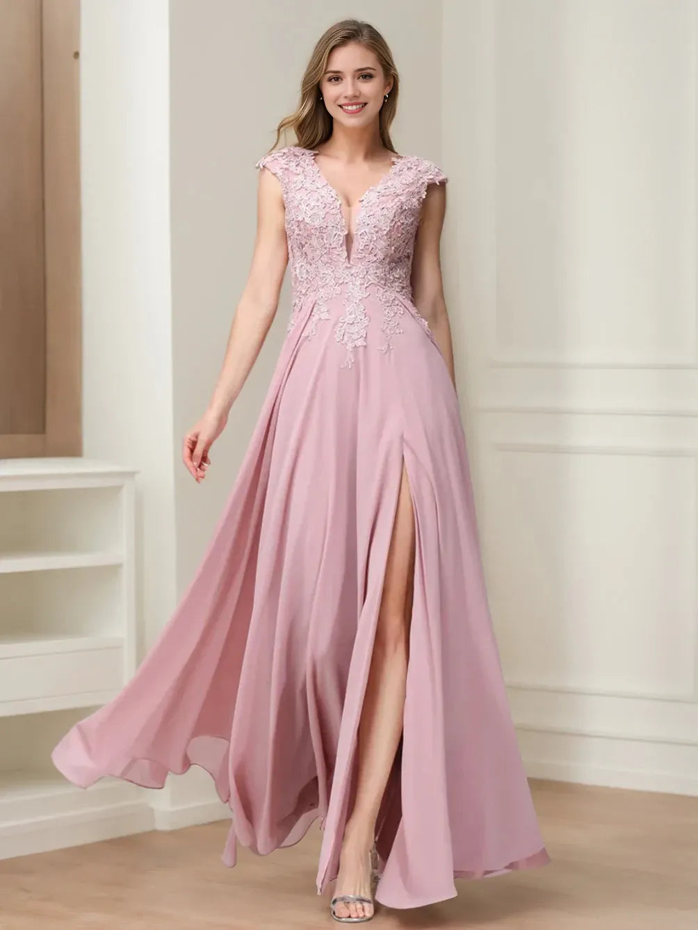 A-Line Princess V-Neck Sleeveless Chiffon LongBridemaid Dresses With Applique Split Side