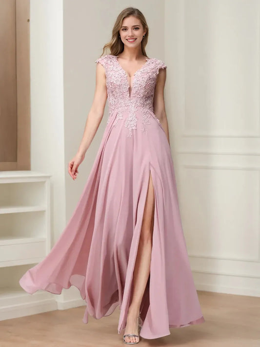 A-Line Princess V-Neck Sleeveless Chiffon LongBridemaid Dresses With Applique Split Side