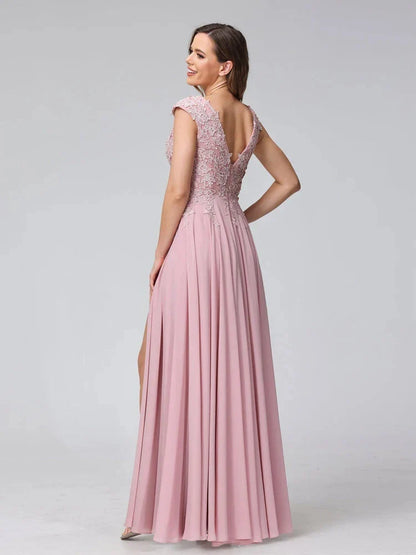 A-Line Princess V-Neck Sleeveless Chiffon LongBridemaid Dresses With Applique Split Side