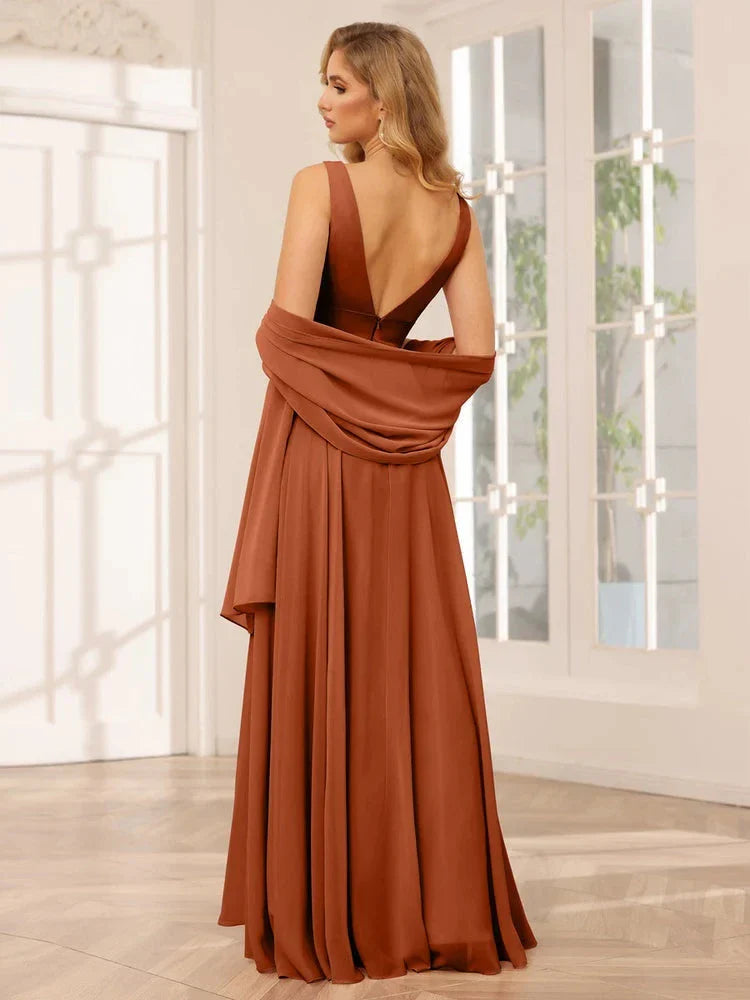 A-Line Princess V-Neck Sleeveless Floor-Length Asymmetrical Bridesmaid Dresses with Ruffles