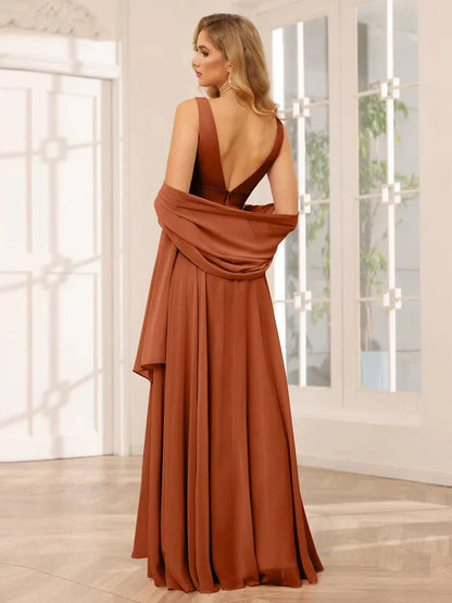 A-Line Princess V-Neck Sleeveless Floor-Length Asymmetrical Bridesmaid Dresses with Ruffles