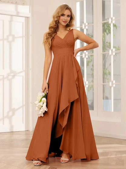 A-Line Princess V-Neck Sleeveless Floor-Length Asymmetrical Bridesmaid Dresses with Ruffles