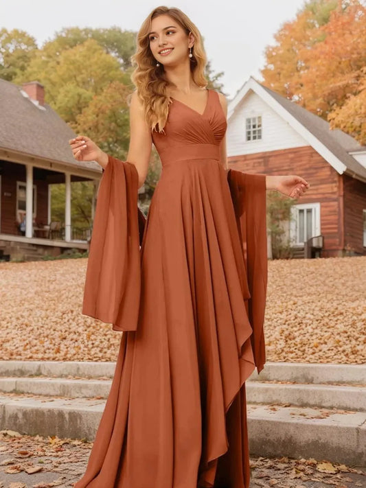 A-Line Princess V-Neck Sleeveless Floor-Length Asymmetrical Bridesmaid Dresses with Ruffles