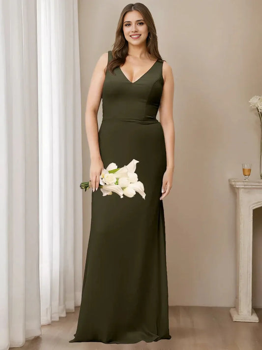 A-Line Princess V-Neck Sleeveless Floor-Length Bridesmaid Dresses
