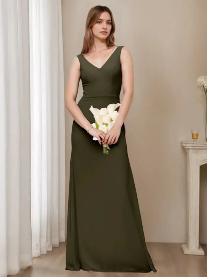 A-Line Princess V-Neck Sleeveless Floor-Length Bridesmaid Dresses