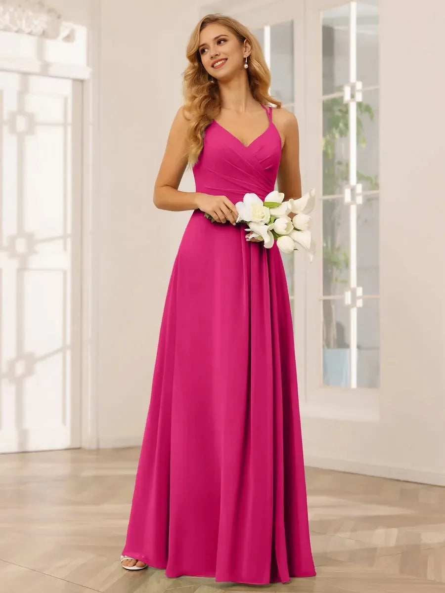 A-Line Princess V-Neck Sleeveless Floor-Length Bridesmaid Dresses with Ruffles