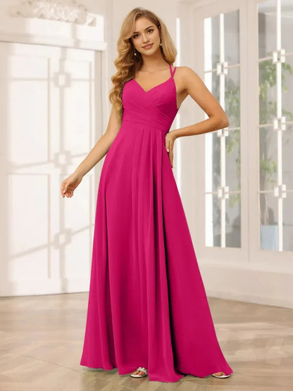 A-Line Princess V-Neck Sleeveless Floor-Length Bridesmaid Dresses with Ruffles