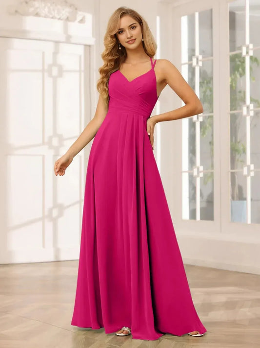 A-Line Princess V-Neck Sleeveless Floor-Length Bridesmaid Dresses with Ruffles