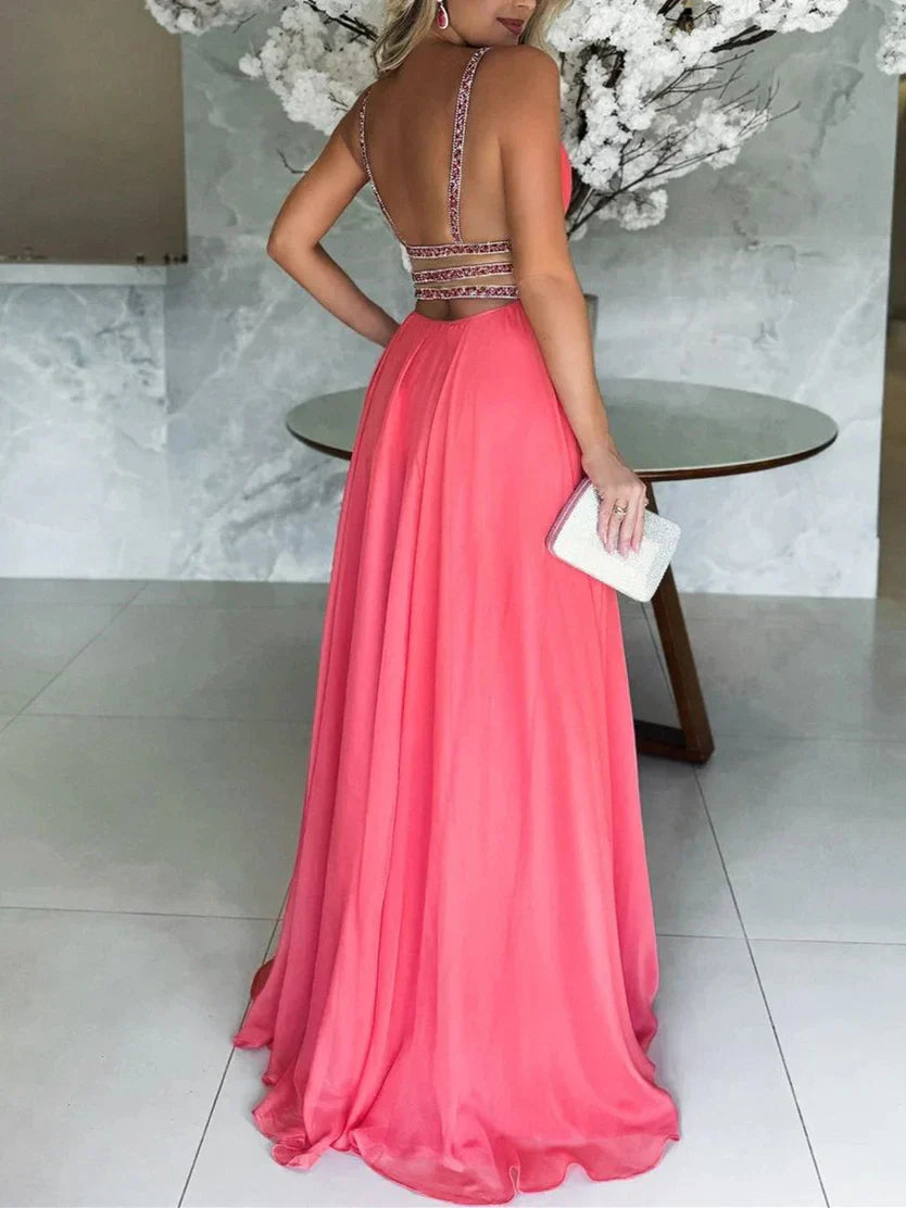 A-Line Princess V-Neck Sleeveless Floor-Length Split Side Evening Dresses