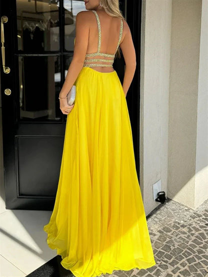 A-Line Princess V-Neck Sleeveless Floor-Length Split Side Evening Dresses