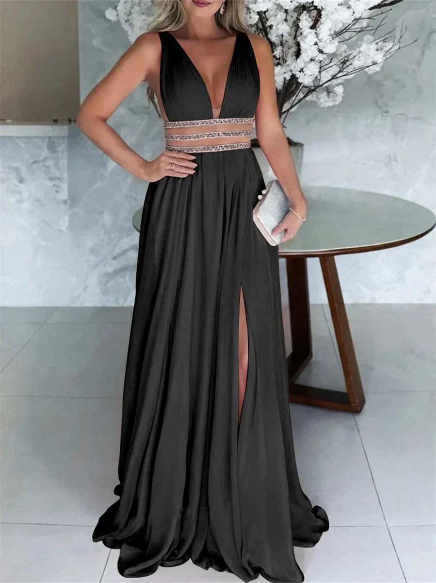 A-Line Princess V-Neck Sleeveless Floor-Length Split Side Evening Dresses