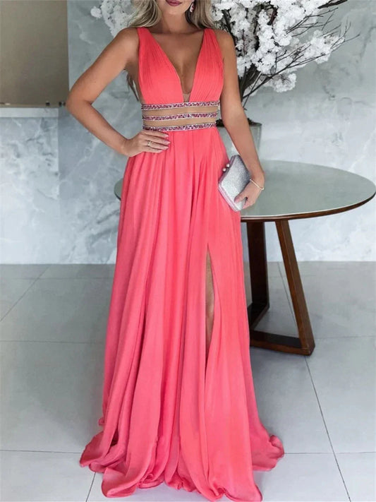 A-Line Princess V-Neck Sleeveless Floor-Length Split Side Evening Dresses