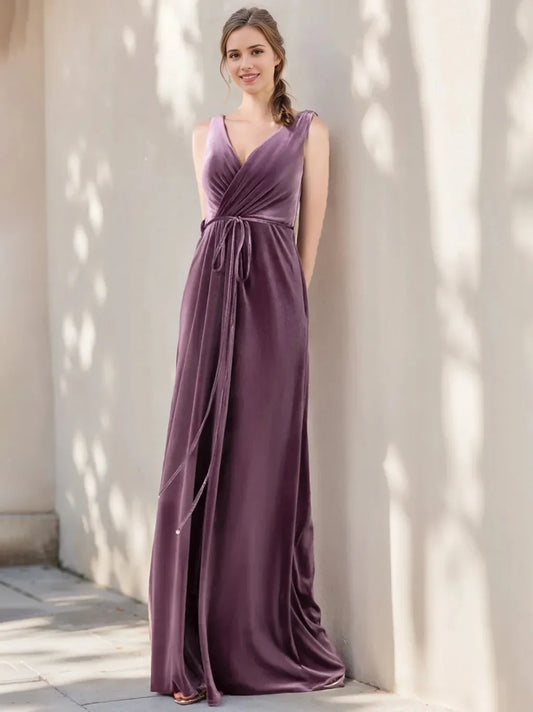 A-Line Princess V-Neck Sleeveless Floor-Length Unique Bridesmaid Dresses with Ruffles