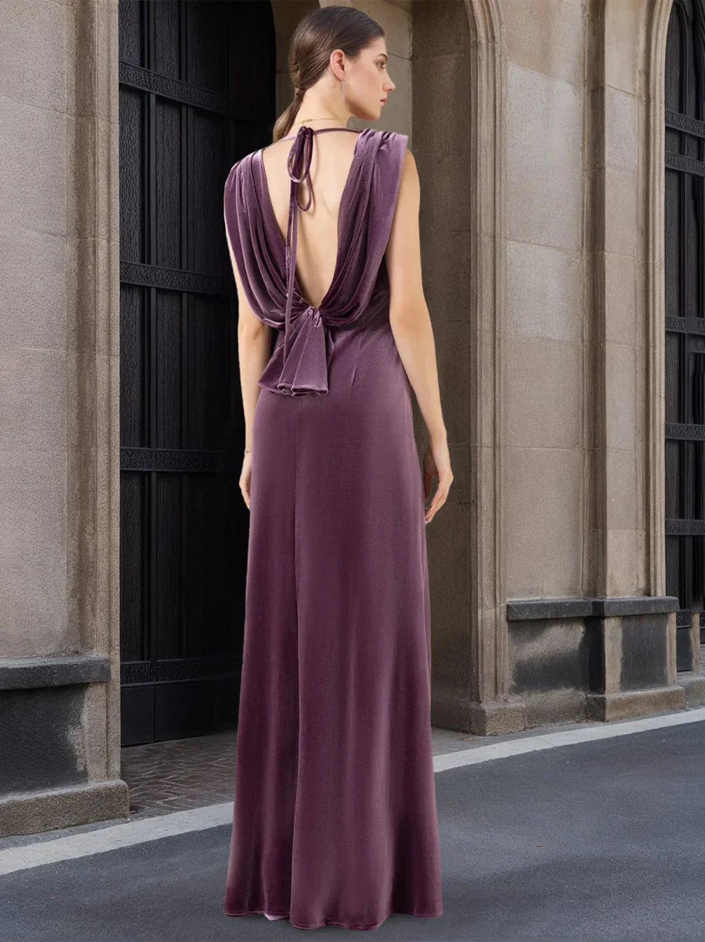 A-Line Princess V-Neck Sleeveless Floor-Length Velvet Bridesmaid Dresses with Ruffles