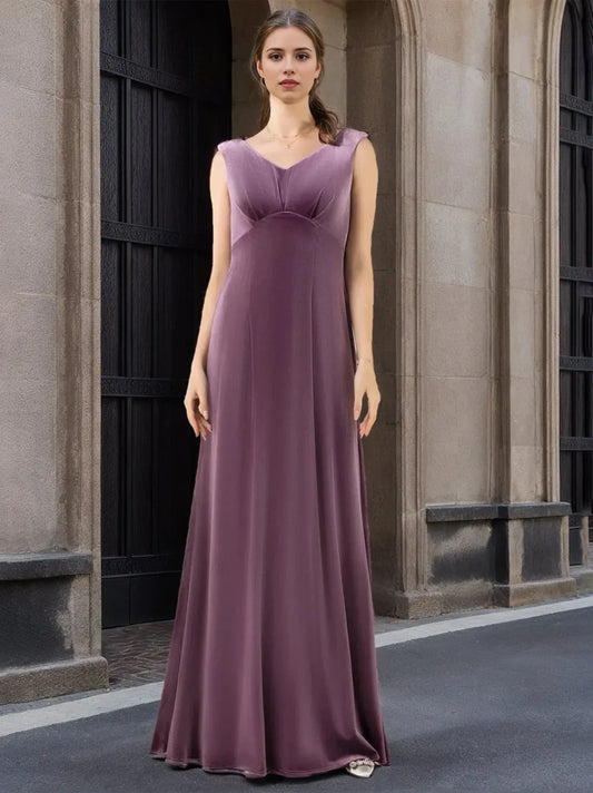 A-Line Princess V-Neck Sleeveless Floor-Length Velvet Bridesmaid Dresses with Ruffles