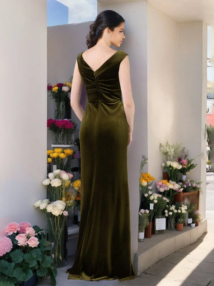 A-Line Princess V-Neck Sleeveless Floor-Length Velvet Unique Bridesmaid Dresses with Ruffles