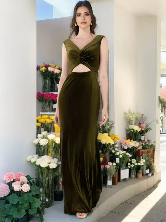 A-Line Princess V-Neck Sleeveless Floor-Length Velvet Unique Bridesmaid Dresses with Ruffles
