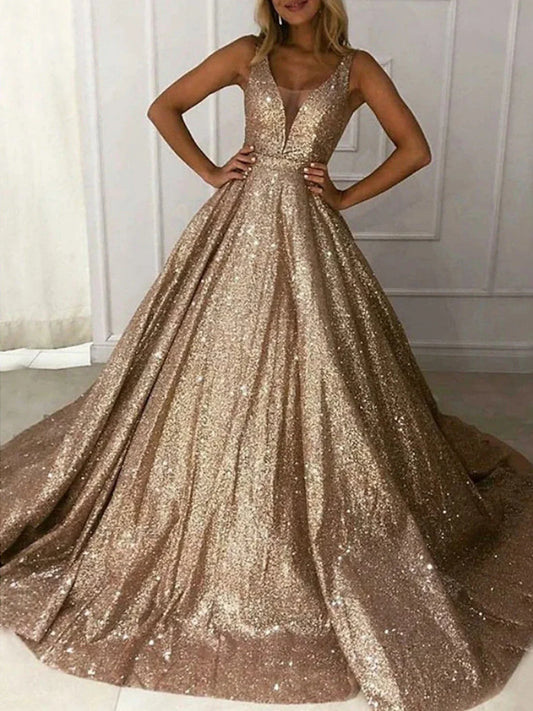 A-Line Princess V-Neck Sleeveless Long Prom Dresses With Sequins