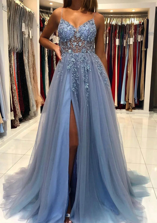 A-Line Princess V-Neck Spaghetti Straps Long Prom Dresses With Split Side