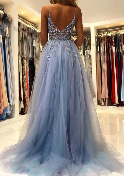 A-Line Princess V-Neck Spaghetti Straps Long Prom Dresses With Split Side