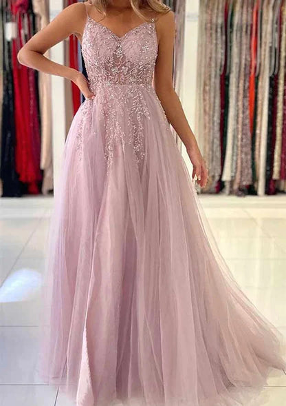 A-Line Princess V-Neck Spaghetti Straps Long Prom Dresses With Split Side