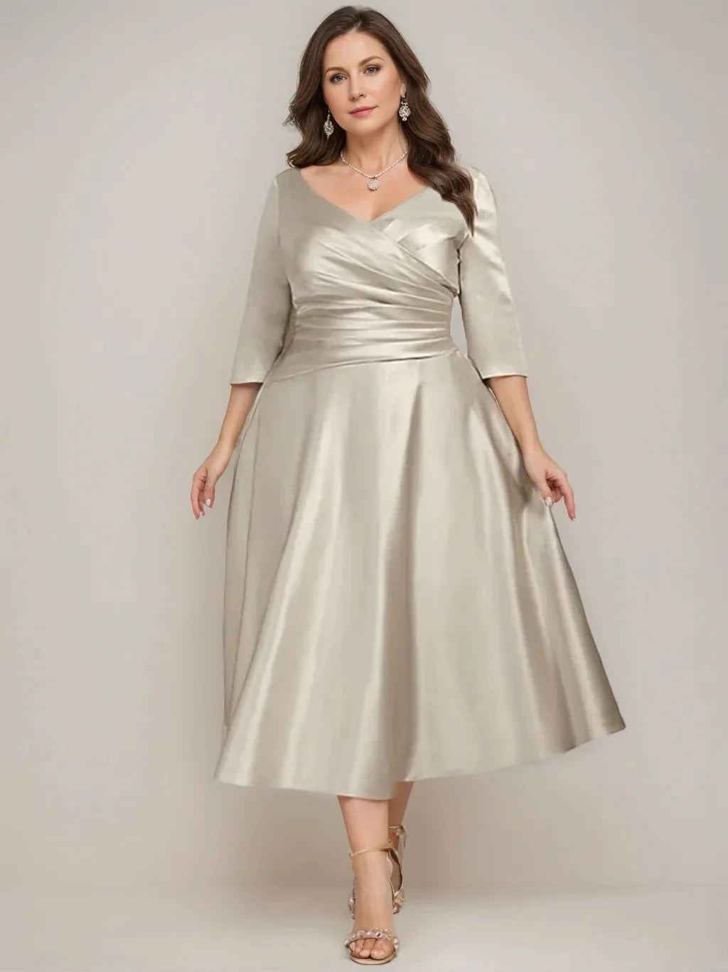 A-Line Princess V-Neck Tea-Length Mother of the Bride Dresses