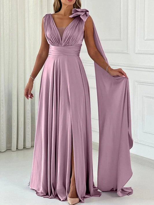 A-Line Princess V-neck Sleeveless Floor-Length Bow(s) Split Front Wedding Guest Dresses