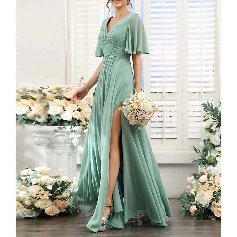 A-Line Princess V Neck Short Sleeves Bridesmaid Dresses Wedding Guest Dresses