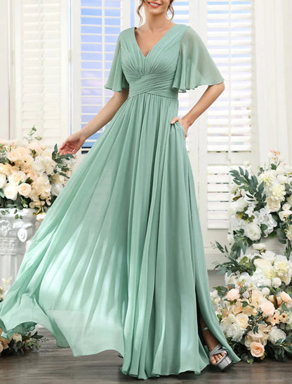 A-Line Princess V Neck Short Sleeves Bridesmaid Dresses Wedding Guest Dresses