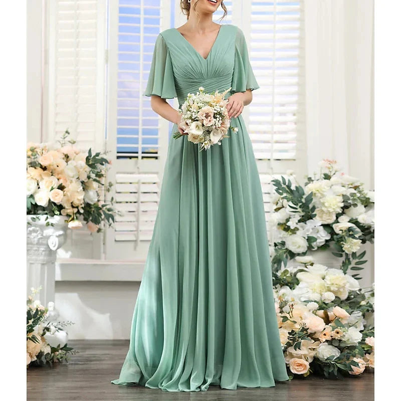A-Line Princess V Neck Short Sleeves Bridesmaid Dresses Wedding Guest Dresses